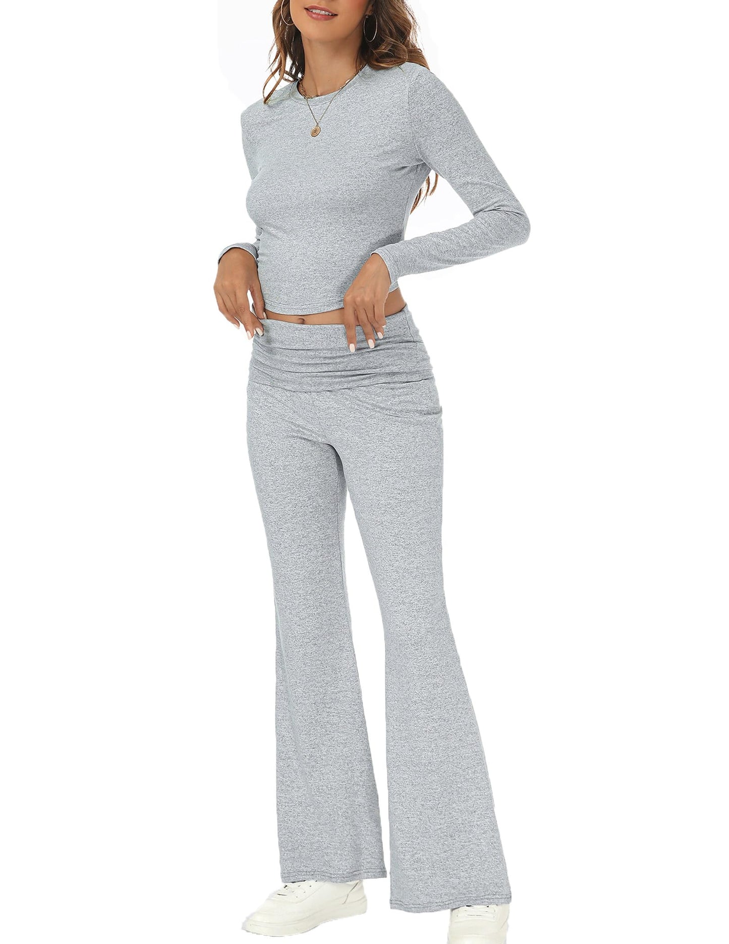 Cnlinkco Women 2 Piece Outfits Sets Long Sleeve Top and Flare Pants Basics Outfits Trendy Low Rise Sweatpants Travel Outfit Women Sets Long Sleeve Two Piece Sets for Women Light Grey X-Large