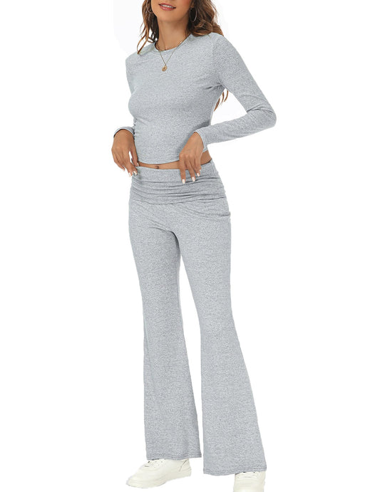 Cnlinkco Women 2 Piece Outfits Sets Long Sleeve Top and Flare Pants Basics Outfits Trendy Low Rise Sweatpants Travel Outfit Women Sets Long Sleeve Two Piece Sets for Women Light Grey X-Large