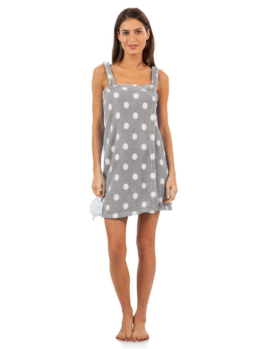 Casual Nights Womens Plush Fleece Shower Wrap Bath Robe With Soap Sponge Grey Polka Dots Large