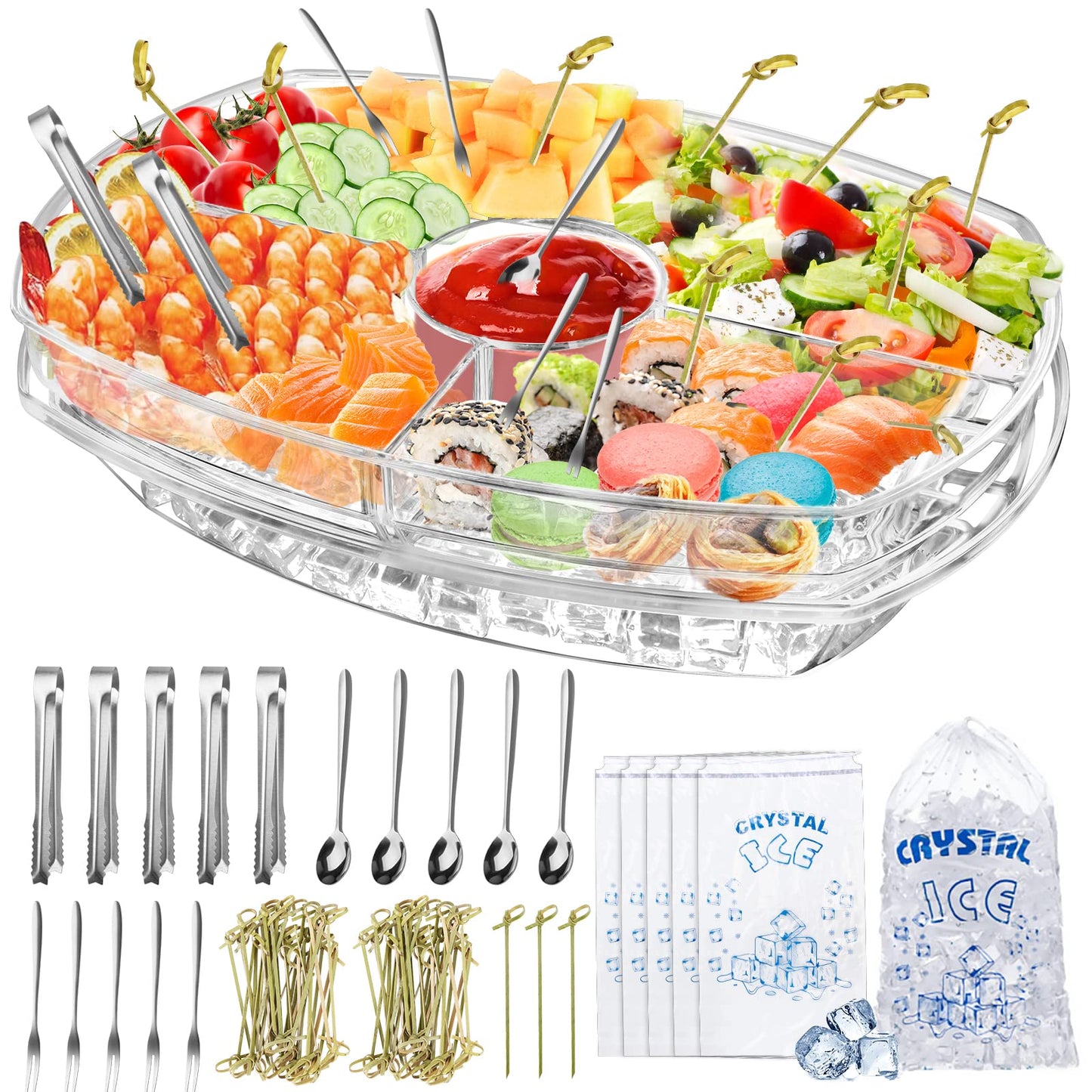 Chilled Serving Tray 15" Clear Plastic Party Platter with 4 Compartments Ice Serving Bowl with Bamboo Sticks Stainless Spoons Forks Clamps Appetizer Serving Tray on Ice for Veggie Appetizer