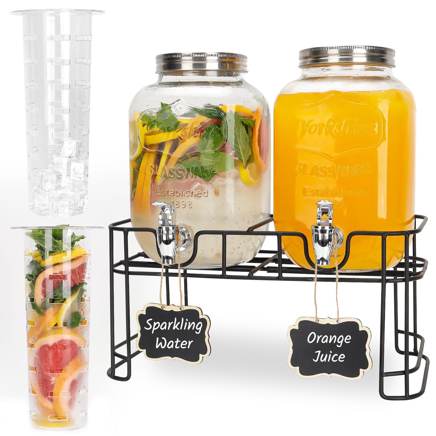 Glass Drink Dispensers For Parties 2 PACK 1 Gallon Beverage Dispenser With Stand And Spigot 100% Leak proof. Lemonade Dispenser With Ice Cylinder and Chalk board