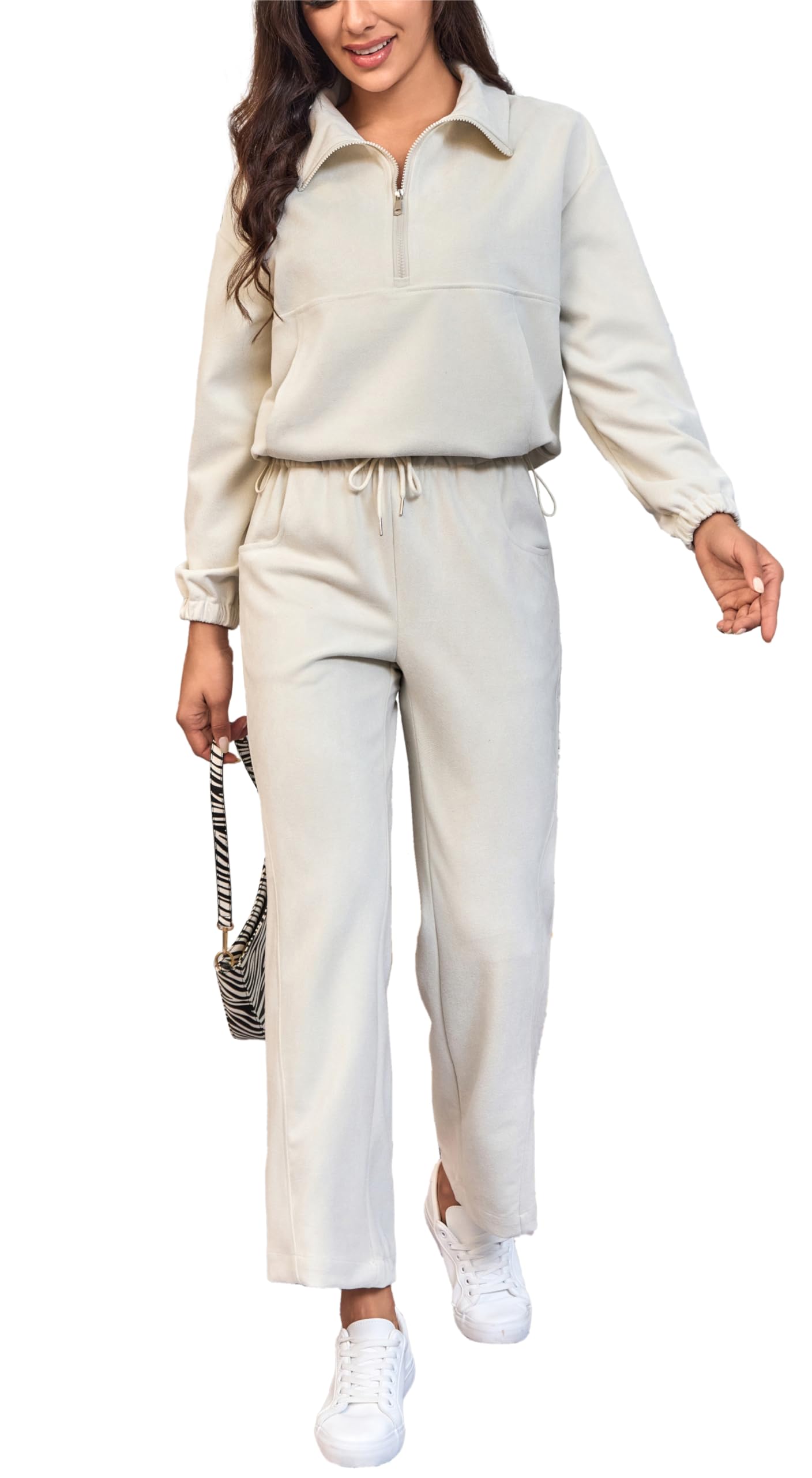 HAOZHIYU Women Clothing 2 Piece Outfits Sweatpants Sweatshirts Sets Trendy Travel Outfits Half Zip Sweat Shirts Wide Leg Pants Comfy Lounge Beige M